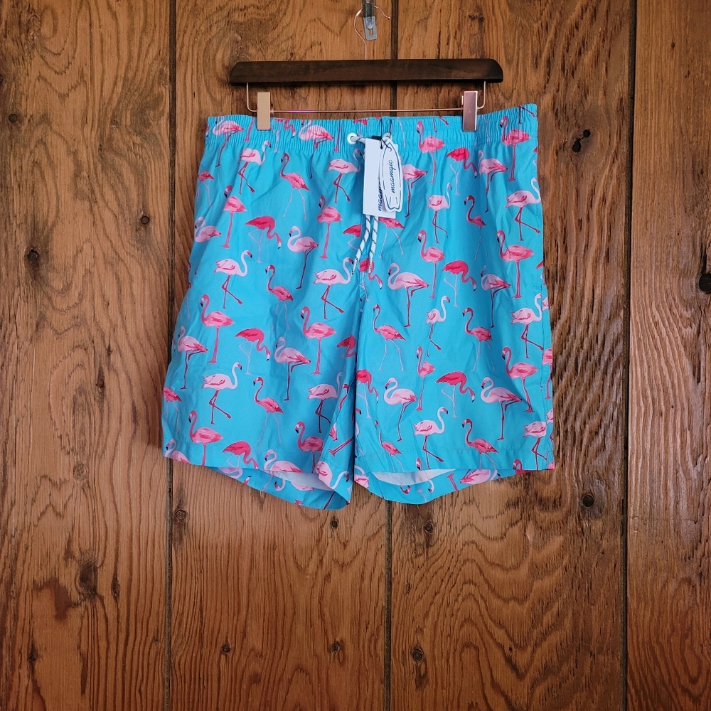 Flamingo swim trunks!